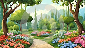 Beautiful nature garden illustration with sunlight, water, mountains and clouds