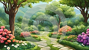 Beautiful nature garden illustration with sunlight, water, mountains and clouds