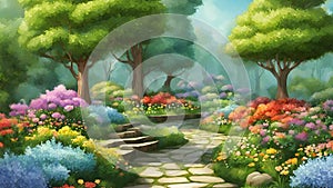 Beautiful nature garden illustration with sunlight, water, mountains and clouds
