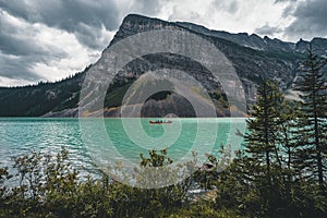 Beautiful Nature of Lake Louise in foreground and mountain in background in Banff National Park, Canada Alberta.