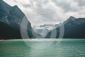 Beautiful Nature of Lake Louise in foreground and mountain in background in Banff National Park, Canada Alberta.