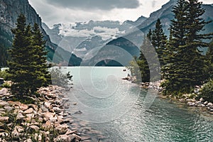 Beautiful Nature of Lake Louise in foreground and mountain in background in Banff National Park, Canada Alberta.