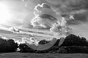 Beautiful nature landscape with clouds and sky in black and white photography. Before the storm panorama.Sky with beautiful clouds