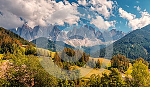 Beautiful Nature Landscape of Dolomites Alps. Wonderful Autumn Scene. Sunny Landscape of Dolomite Alps. Santa Maddalena