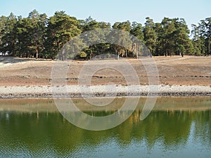 Beautiful nature landscape green forest of pine tree reflect on the water surface, lake backwater at dawn peaceful waterfront camp