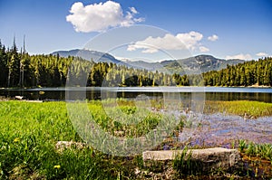 Beautiful nature landscape with a lake, mountains , forest and blue sky. Lost Lake, Whistler, BC