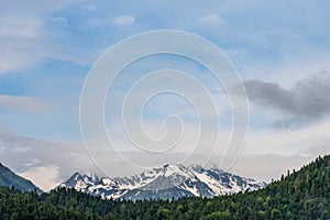 Beautiful nature landscape of mountains with snow and green forest