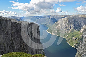 Beautiful nature landscape of Norway fjord and mountains. Lysefjord, Stavanger, near Kjerag and Preikestolen Pulpit Rock