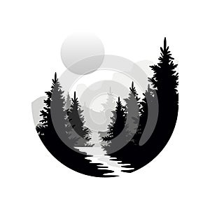 Beautiful nature landscape with silhouettes of forest coniferous trees, mountains and sun, natural scene icon in