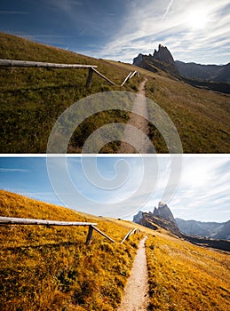 Beautiful nature landscape of the slope. Location Seceda, Dolomiti, Tyrol, Trentino Alto Adige, Italy, Europe