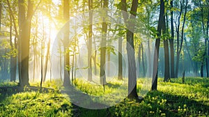 Beautiful nature at morning in the misty spring forest with sun