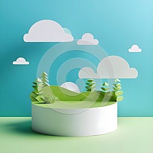 Beautiful Nature in Paper Cut Style. paper field landscape summer landscape with green hills and blue sky white clouds layers cut