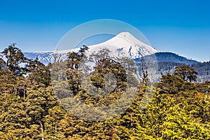 The beautiful nature of Patagonia forests the volcano of the river and lake through the sunset