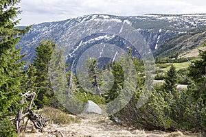 Beautiful nature place called Labska bouda, amazing scenery, nature in early spring, snow and greenery