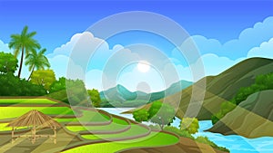 Beautiful nature rural landscape, Rice field Terraces with river, mountain and flourishing tropical forest