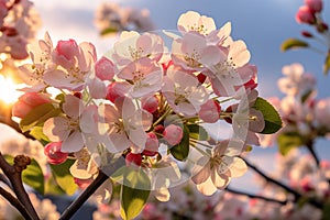 Beautiful nature scene with blooming tree and sun flare