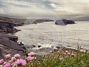 Beautiful nature scene with cliffs and ocean. Kilkee, county Clare, Ireland. Stunning Irish landscape. Dramatic cloudy sky