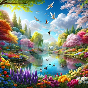 Vivid, Colorful Fantasy Pond Scenery with Flowers, Trees, Birds, and Ducks