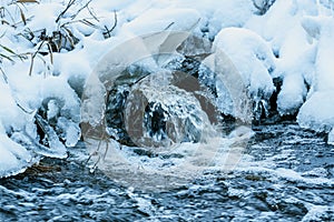 Beautiful nature scene with snow, ice and rapid river water