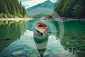Beautiful nature scenery with a canoe boat on a crystal clear lake with pebbles mountains green trees and blue sky