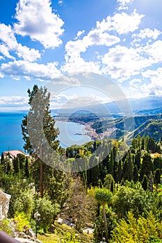 Beautiful nature of Sicily, Mediterranean sea near Taormina and Etna vulcano, aerial panoramic view. Italy.