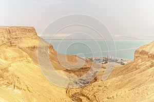 Beautiful nature view from desert on stone mountain and dead sea