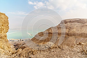 Beautiful nature view from desert on stone mountain and dead sea