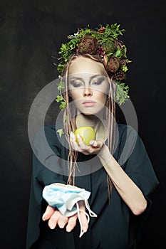 Beautiful nature woman with waste during COVID-19. Environmental pollution and environment protection concept