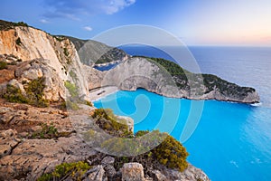 Beautiful Navagio Beach on Zakynthos Island at sunset