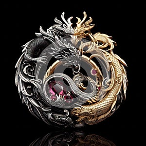 Beautiful necklace in the shape of dragon with precious stones, gold and platinum generated by artificial intelligence