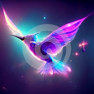 Beautiful neon hummingbird in the night sky. Vector illustration. AI Generated