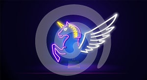 Beautiful neon Unicorn sign with wings. Neon logo, bright banner. Advertising design. A sign with night lighting. Vector