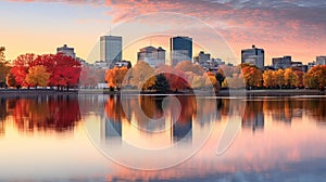 Beautiful New England Fall Foliage with reflections at sunrise