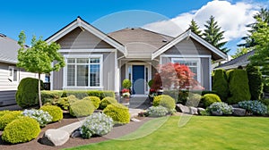 Beautiful new home exterior with covered porch and green grass on bright sunny day. generative ai