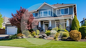 Beautiful new home exterior with covered porch and green grass on bright sunny day. generative ai