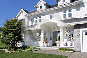 Beautiful new luxury home exterior in summer.