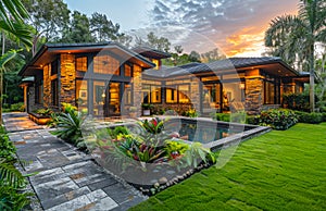 Beautiful new luxury home exterior with swimming pool and garden at sunset.