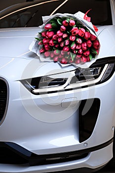 A beautiful new white car awaits its buyer in the cabin