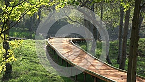 Beautiful new wooden  path in nature park near lake in autumn