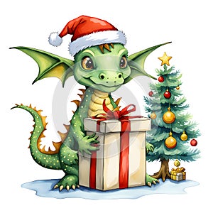 Beautiful New Year gift card. Little cute green dragon in Santa Claus hat with gift boxes on background of Christmas tree. Symbol