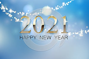 A beautiful New Year greeting banner with a blurred background, a golden inscription 2021 of the happy new year. Glowing