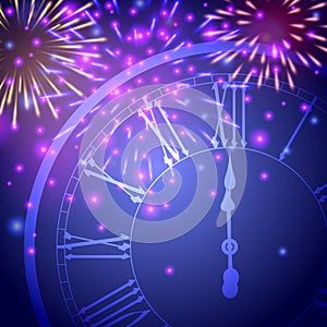 Beautiful New Year greeting card with colorful glittering fireworks and a clock on blue background