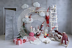 Beautiful New Year`s decor for children. Clouds, Ladder, Christmas Tree, Gifts and Gnomes