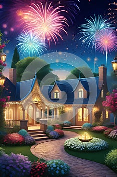 A beautiful new year's eve party in a whimsical garden, with fireworks, flowers, house, starry night sky, happy, romance