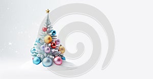 Beautiful New Year tree decorated with colorful round Christmas balls on white background with flying snowflakes