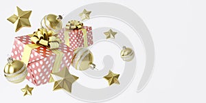 A beautiful New Years Eve composition with Christmas decorations and a gift box with a bow on a white background. The horizontal 3