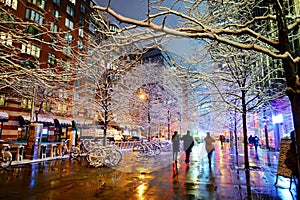 Beautiful New York street after massive snowfall at winter night