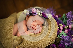 Beautiful newborn baby girl with a purple wreath sleeps in a wicker basket