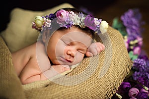 Beautiful newborn baby girl with a purple wreath sleeps in a wicker basket