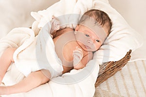 Beautiful newborn baby lying in wicker basket under blanket